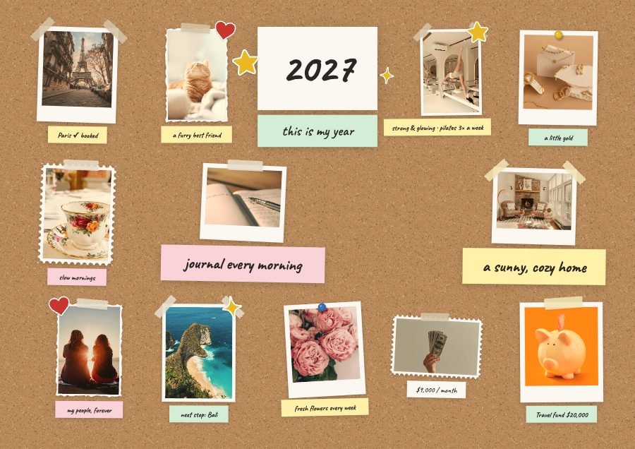 Corkboard vision board: cork, Polaroids, washi tape, pushpins and sticky notes