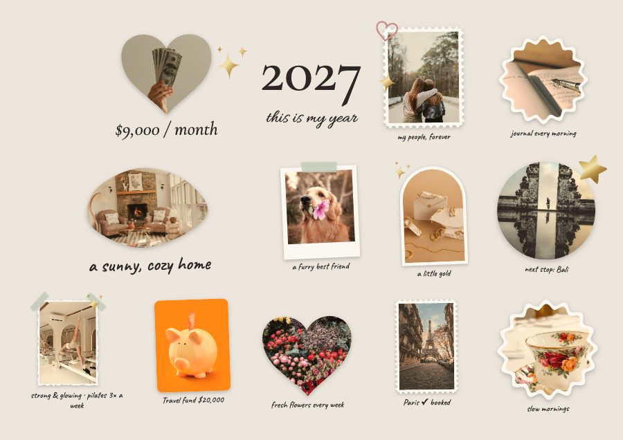 Neutral Chic vision board: warm beige, serif title, soft photo frames