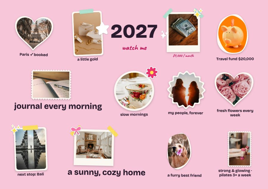 Pink Pop vision board: bright pink, bold type and die-cut stickers
