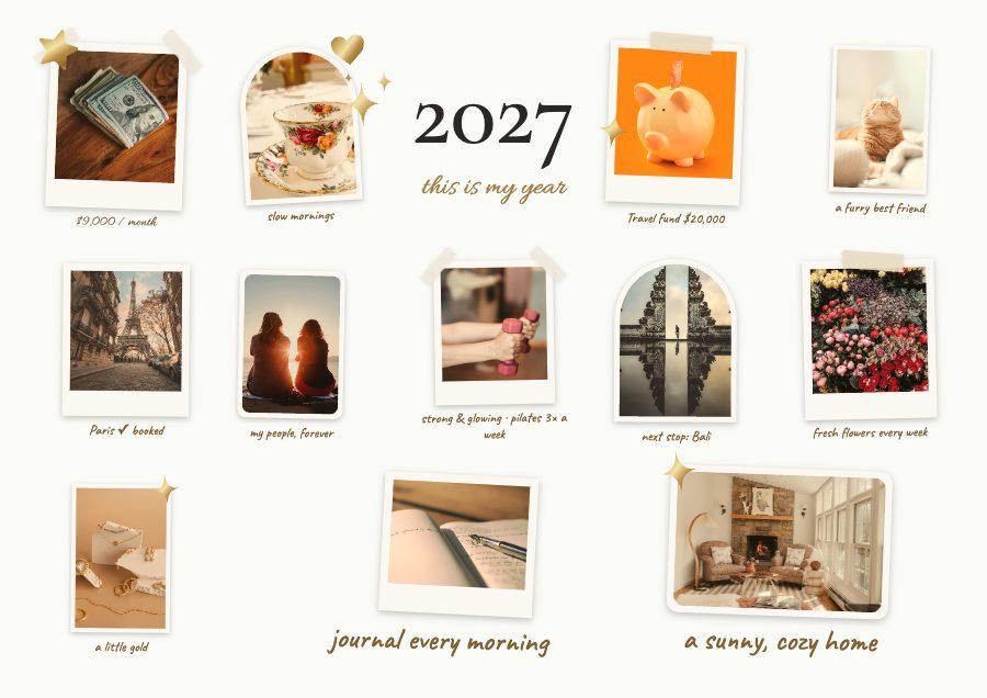 White & Gold vision board: white paper, gold script and Polaroids